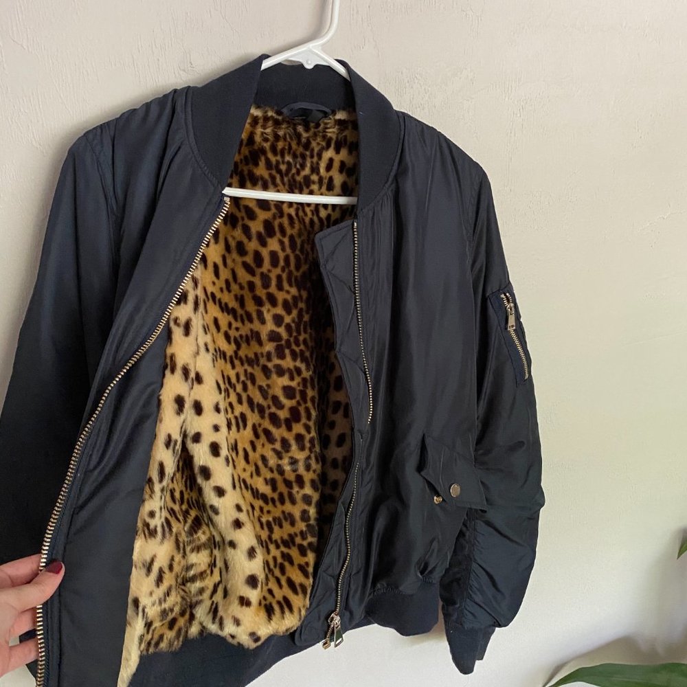 NWOT Navy Topshop Bomber Jacket with Cheetah Print